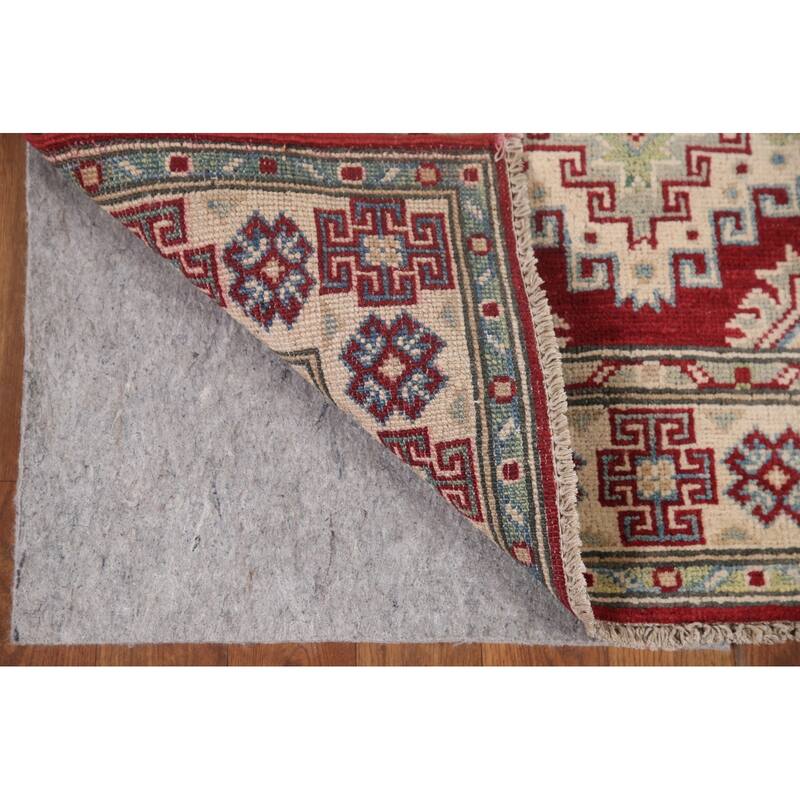 Hand Knotted Oriental 100% Wool Carpet Traditional Geometric Red Kazak Runner Rug - 6' 8'' X 2' 10''