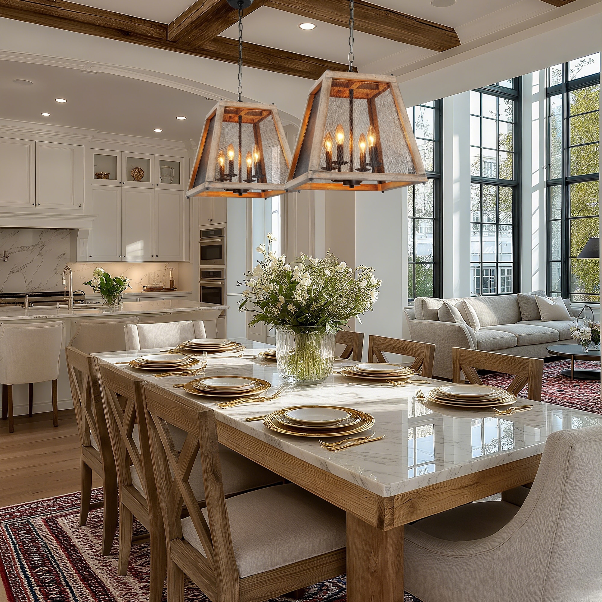 Farmhouse Handcrafted Wood Kitchen Pendant Light with Metal Mesh for Foyer - W15.5" x H16"