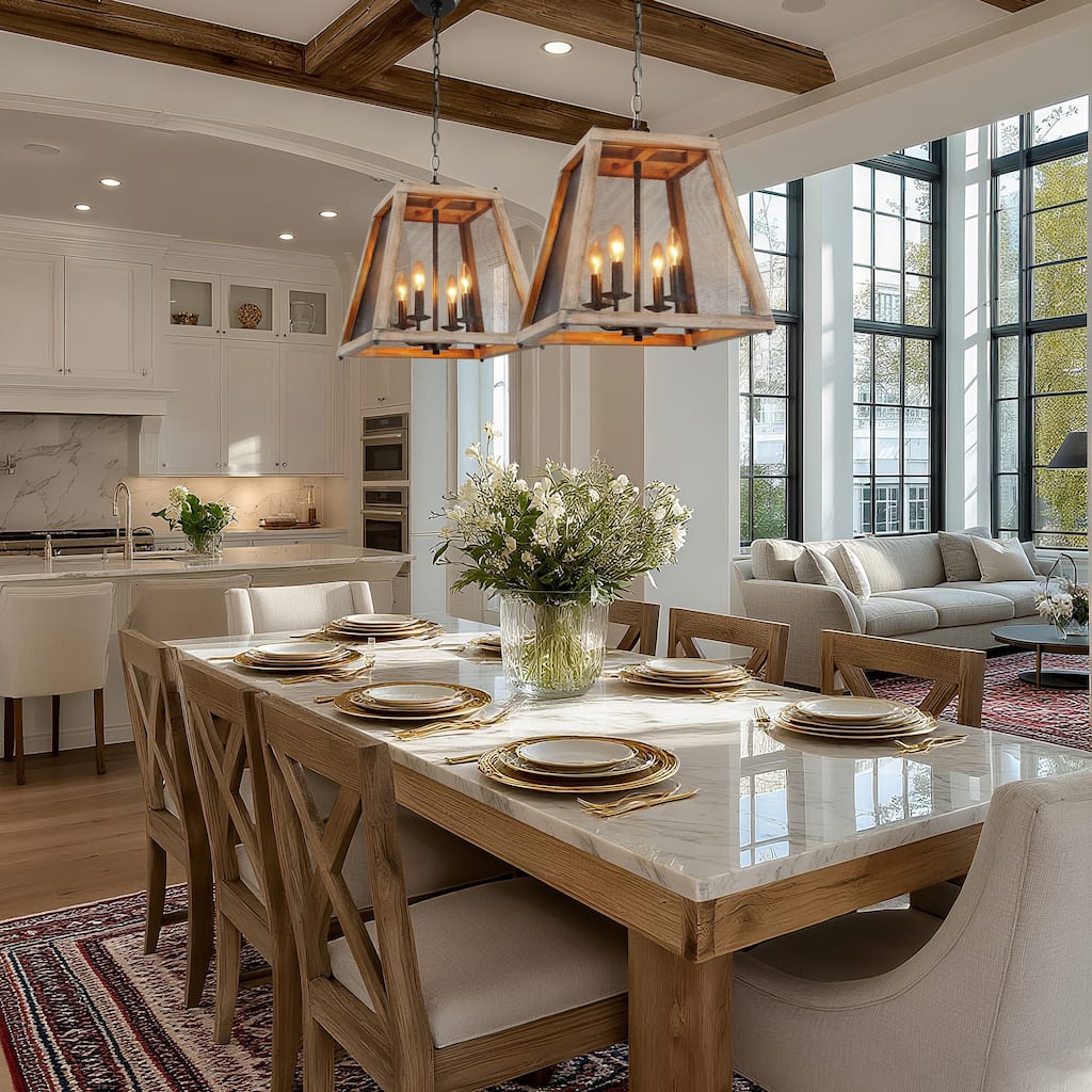 Farmhouse Handcrafted Wood Kitchen Pendant Light with Metal Mesh for Foyer - W15.5" x H16"