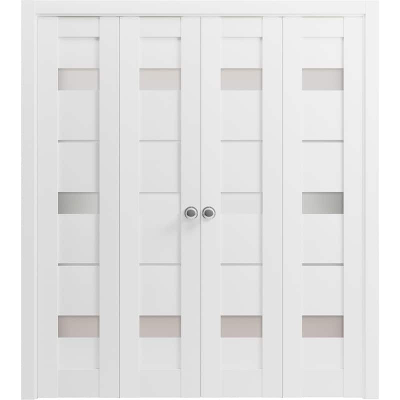 SartoDoors Quadro 4055 | Closet Door Bi-fold Door | Solid Wood w/ Glass | Hardware Set | 72x80, White Silk - White - 72 x 80 (4* 18x80)
