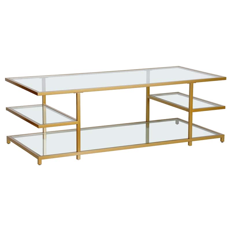 54" Modern Glass Coffee Table with Steel Base and 3 Storage Shelves Perfect for Living Room - 54"L x 24"W x 18"H - Gold-Clear