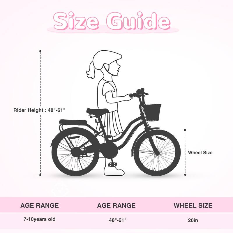 Girls 20 Inch Bike with Basket, Steel Frame, Front & Rear Brakes, For Kids Ages 7-10, No Training Wheels