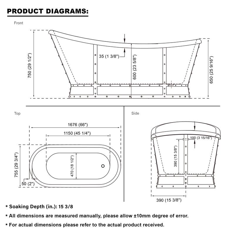 66'' W,69 GALLONS Freestanding Acrylic Soaking Bathtub With Drain And Overflow Holes