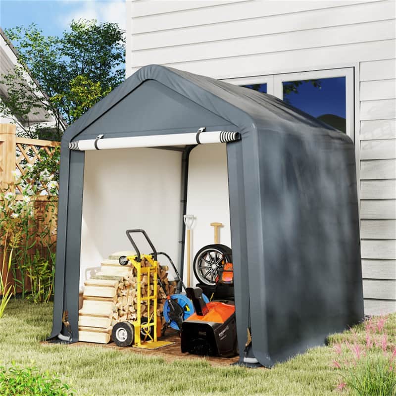 Grey Galvanized Metal Outdoor Storage Shed with PE Cover and Roll-Up Door - 78” W x 72” D x 84” H