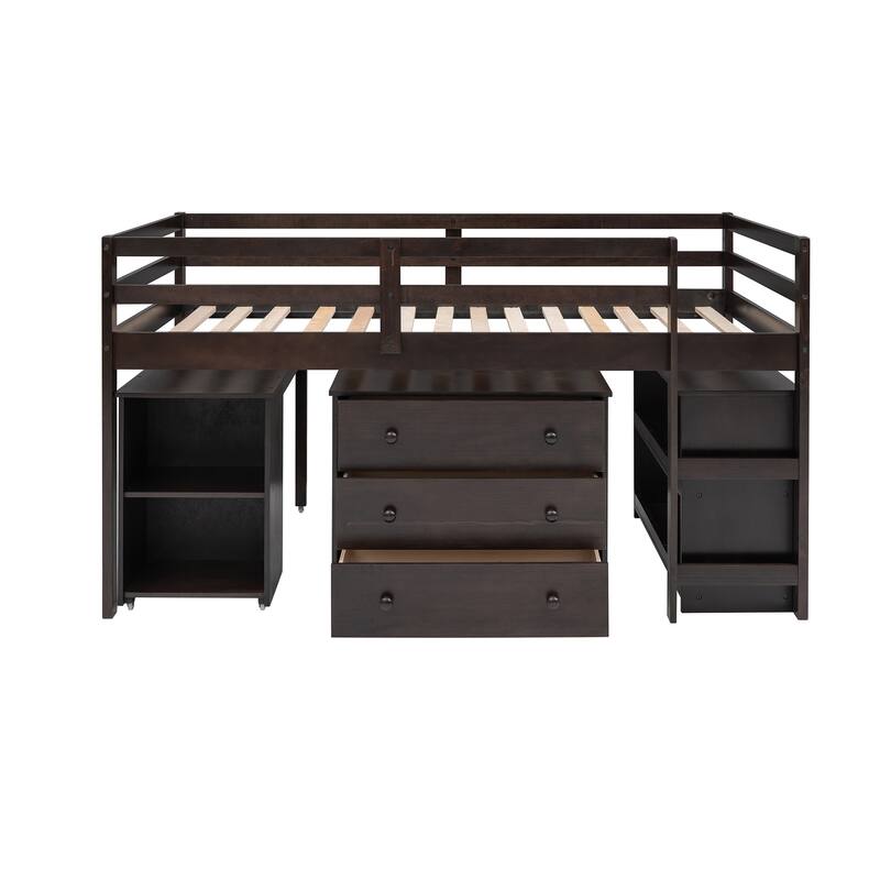 Low Loft Bed with Cabinet Shelves and Rolling Portable Desk