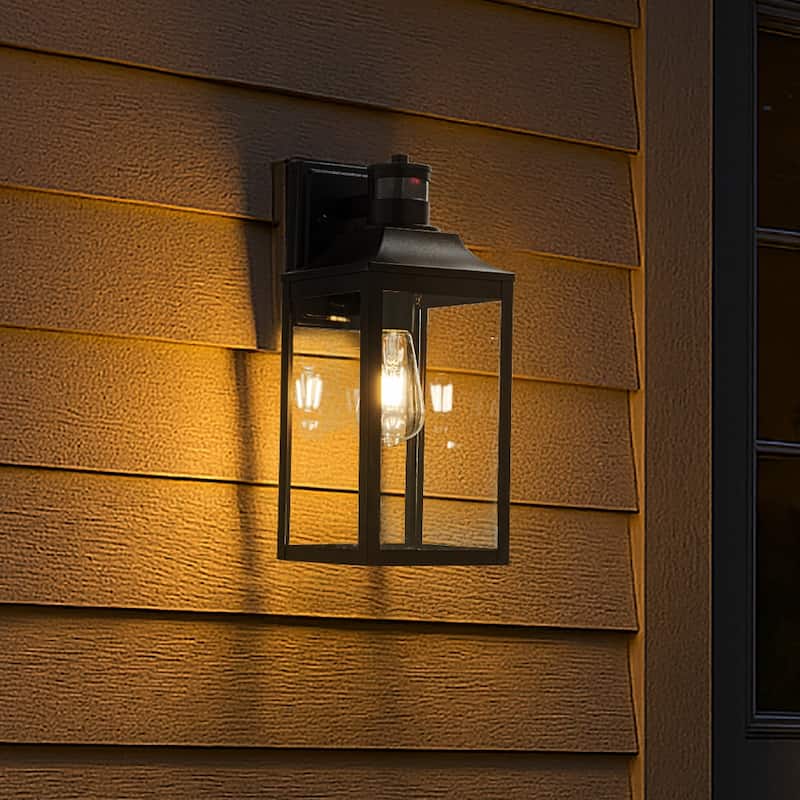 1 Light H16 in. Farmhouse Outdoor Wall Lantern wiht Motion Sensor in Matte Black Modern Exterior Wall Sconce with Clear Glass