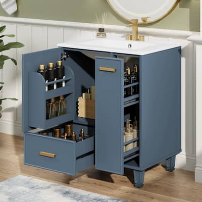 24" Bathroom Vanity with Sink, Door Shelf, Deep Drawer, 2-Tier Pull-Out Basket