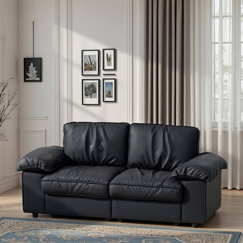 Leather Compact Sofa Couch with Hidden Storage, Minimalist 2-Seater Loveseat Sofa Couch with Pillow Armrests