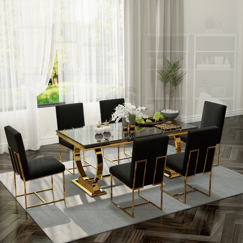 White and Gold Dining Room Table Set with 72 inch Table and White PU Leather Dining Chairs