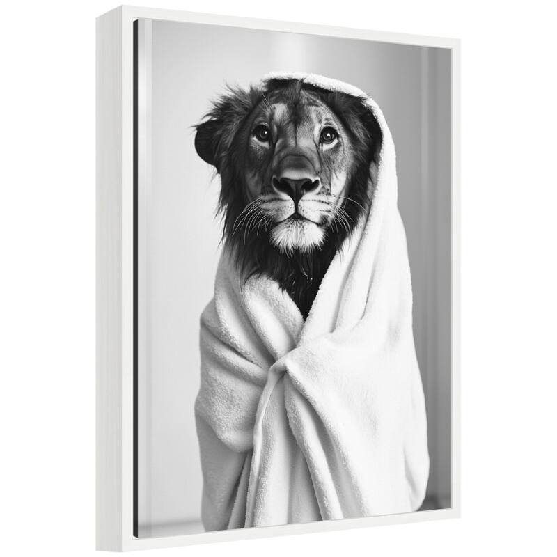 Kate and Laurel Sylvie Lioness Bathroom Art Towel Robe Black and White Framed Canvas by The Creative Bunch Studio - 18x24 - White