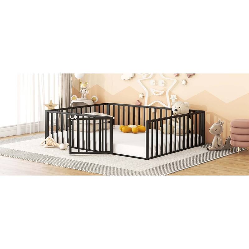 Metal Floor Bed Frame with Fence & Door