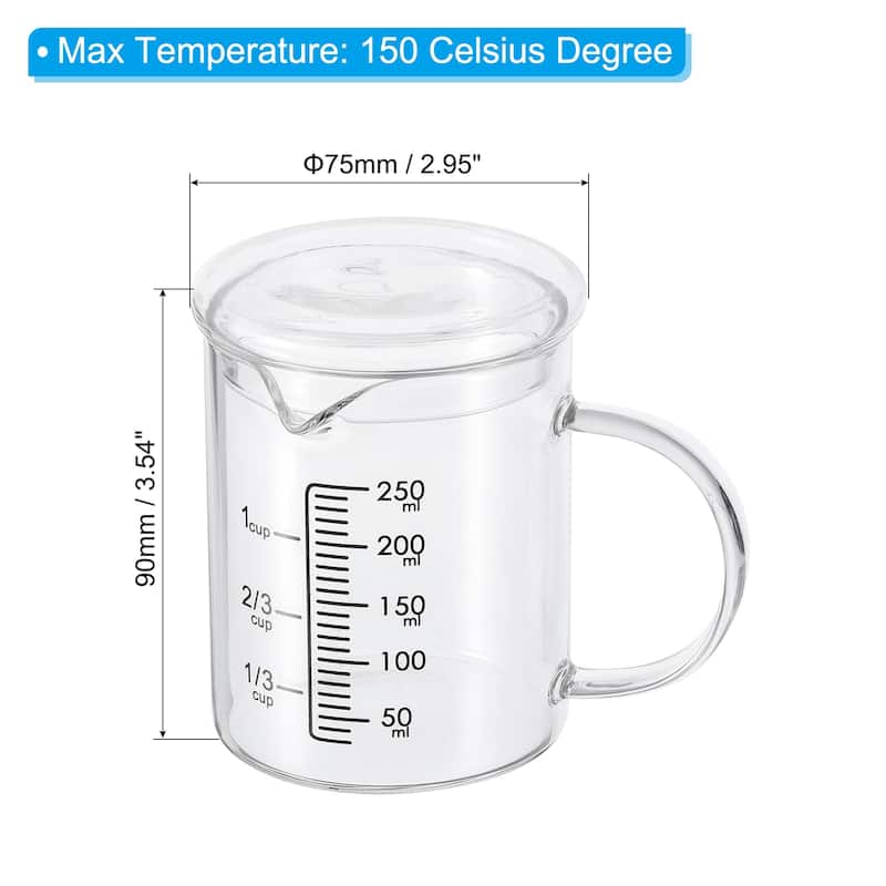 250ml Glass Measuring Cup, 3.3 Borosilicate Glass Black Printed with Glass Lid - Black