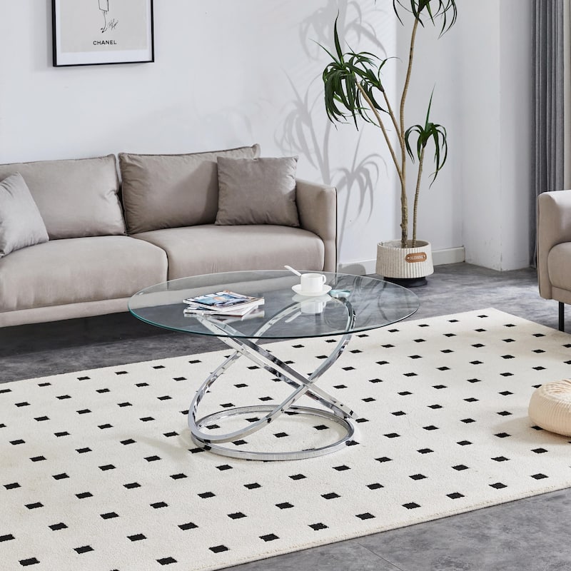 Modern Round Clear Glass Coffee Table with Tempered Glass and Stainless Steel Base - 39.4 inch - Silver