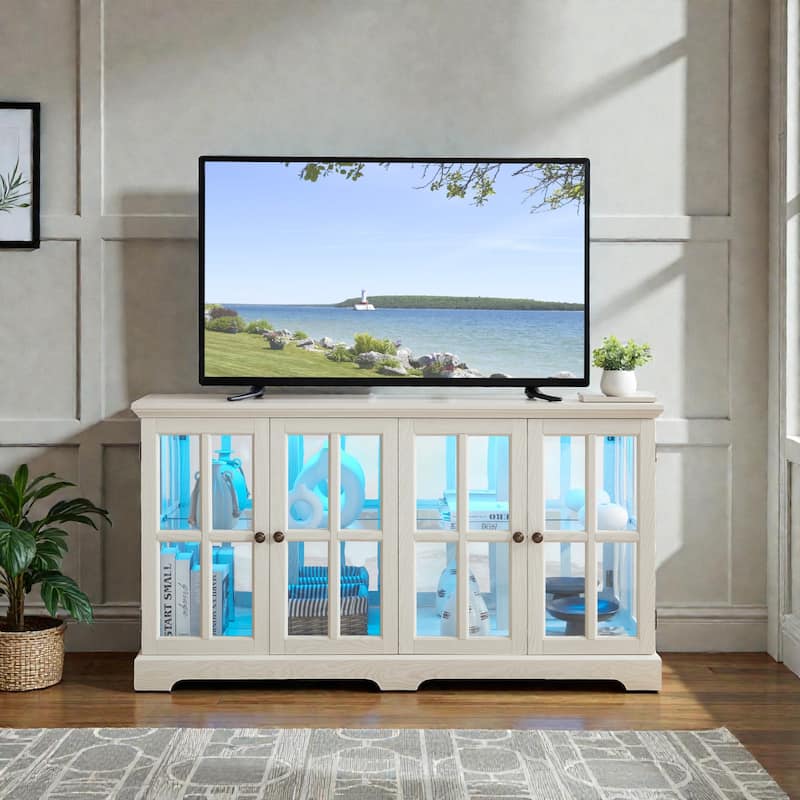 LED Antique Curio Display Cabinet with Glass Doors, 4 Door Vintage Showcase with Adjustable Shelves - White