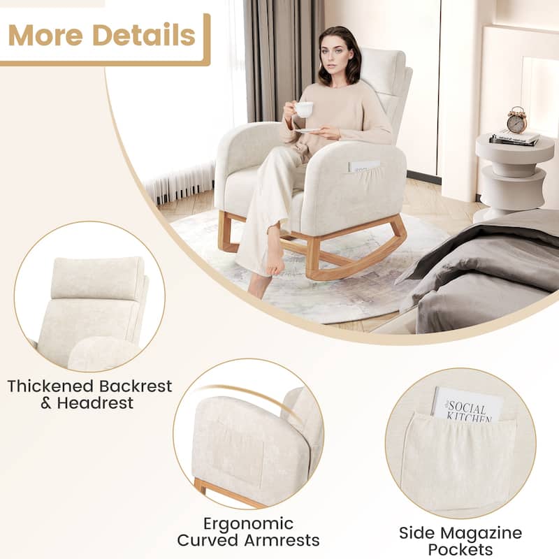 Beige Rubber Wood Rocking Chair with Chenille Fabric, Side Pocket and Ergonomic Design - 36” x 27.5” x 43” (L x W x H)