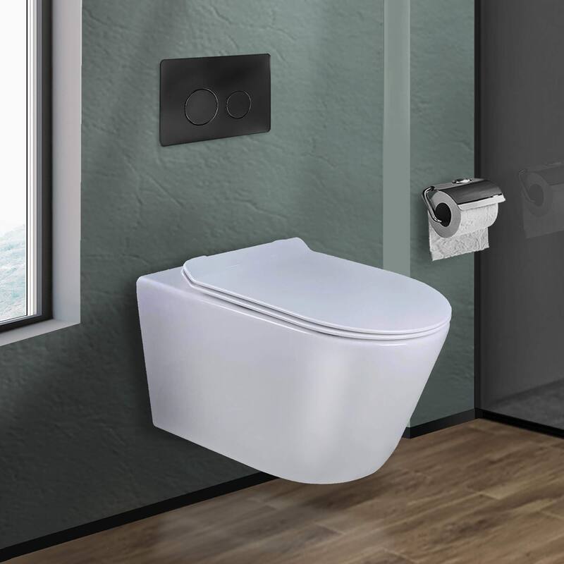 In-Wall toilet Combo Set - Toilet, Tank (2 x 4 Wall), Carrier System - Black Round - Push Plates (Metal) - White Bowl