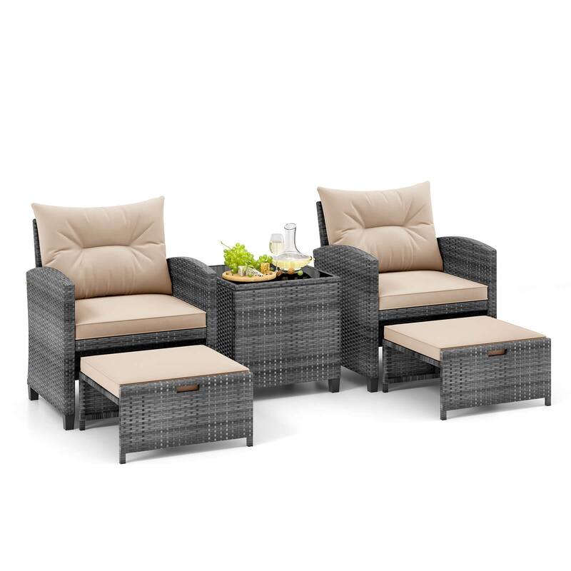 Gymax 5PCS Rattan Furniture w/ 2 Ottomans & Tempered Glass Coffee