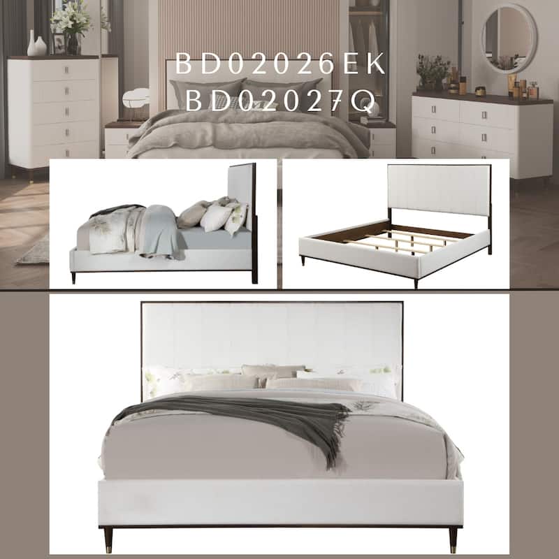 Light Gray Fabric Queen Bed with Wooden Legs