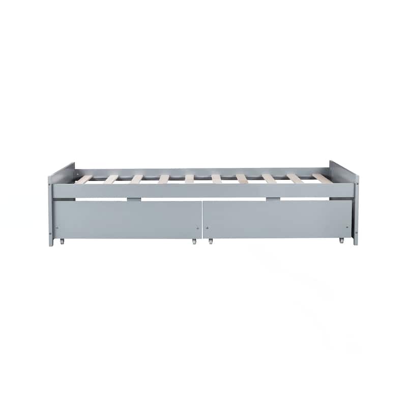 Twin Size Bed with 2 Drawers, Solid Rubber Wood Bed