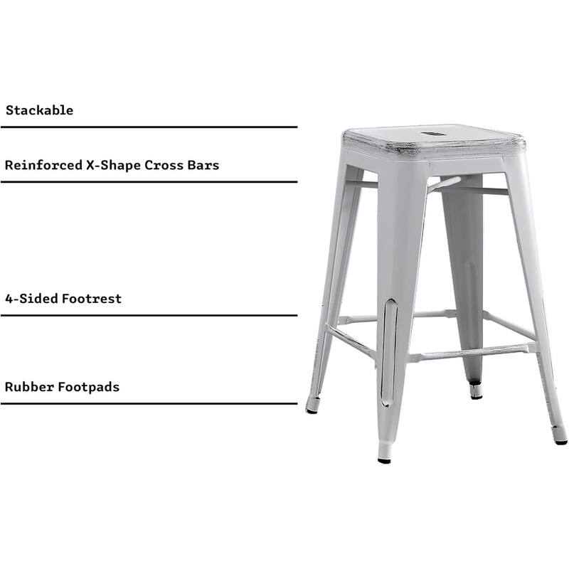 Backless Light Weight Industrial Vintage Costal Metal Bar Stools Without Back and 4 Leg Design (Set of 2)(24" Seat)