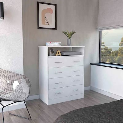 L Four Drawer Dresser, Superior Top, One Open Shelf -White