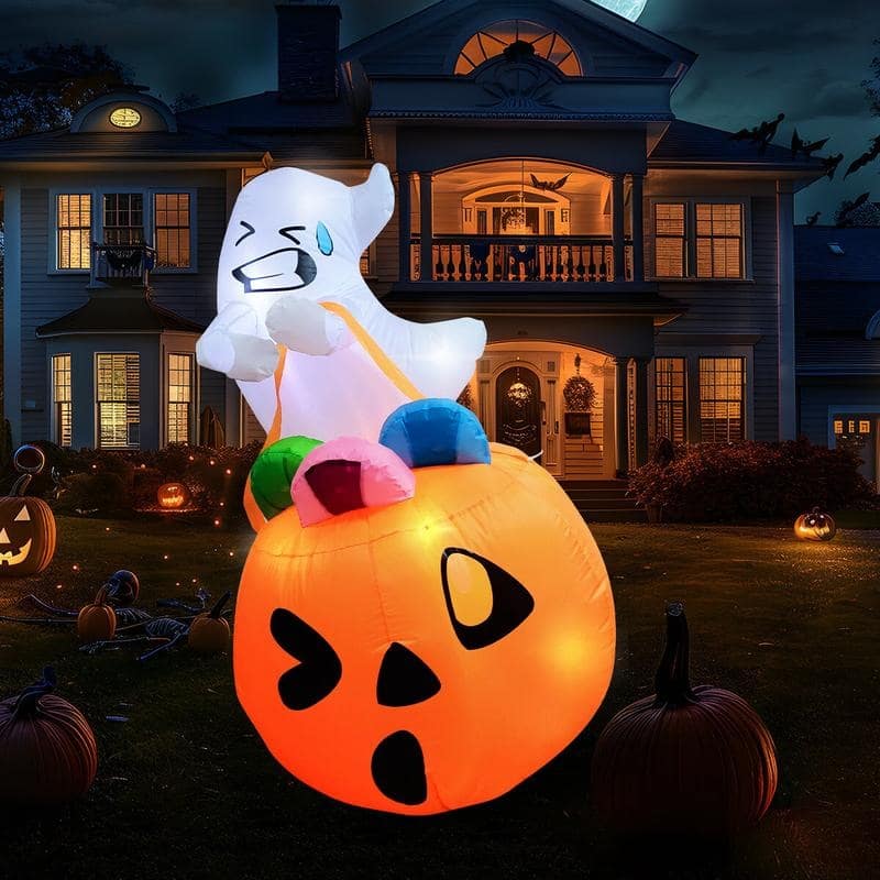 Joyfy 5 FT Inflatable LED Ghost Lift Pumpkin Candy Bag