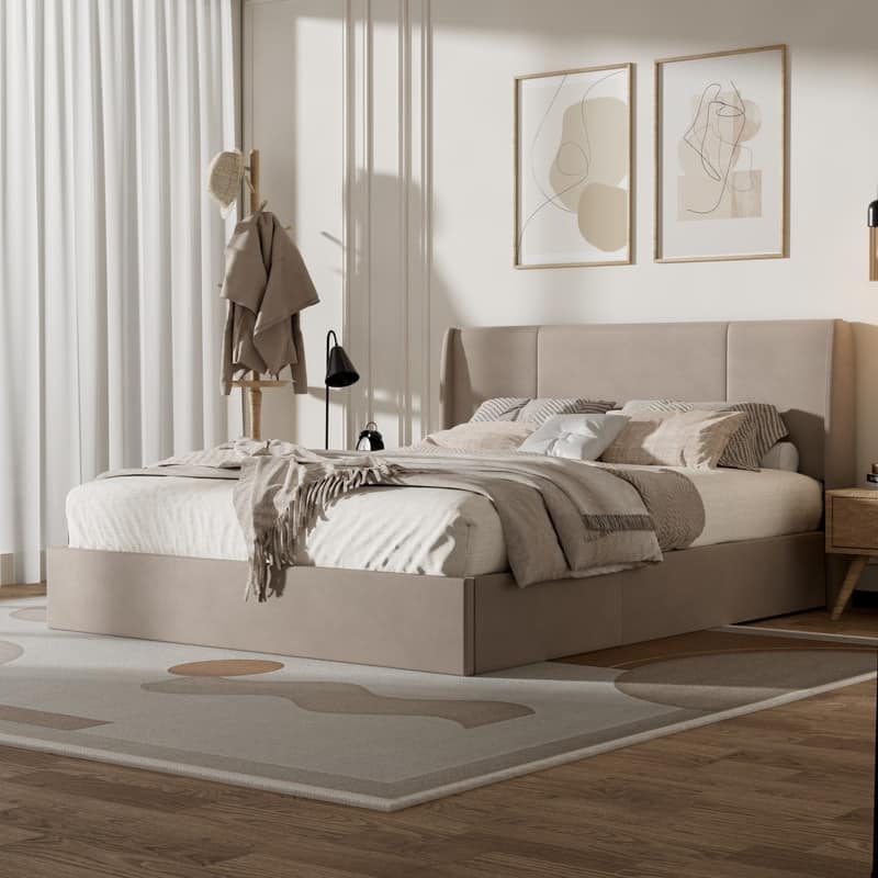 Modern Minimalist Upholstered Storage Bed with Lift-Up Platform - Greige - Full