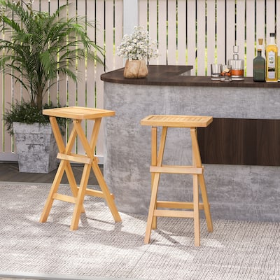 Set of 2 Teak Wood Outdoor Folding Counter Height Bar Stools with Backless Design for Kitchen - 17" x 16" x 29"