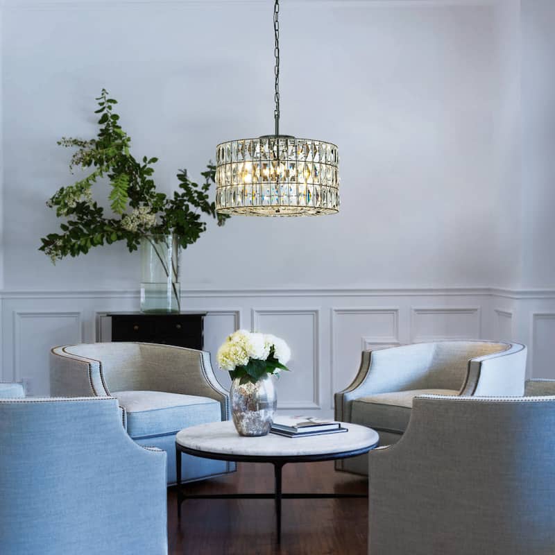 Modern Farmhouse Elegant Lantern Drum Crystal Chandelier in Matte Black for Dining Room