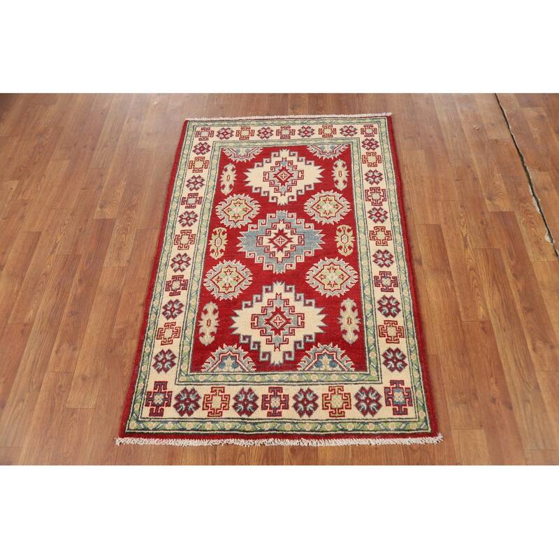 Kazak Foyer Rug Handmade Red Geometric Wool Carpet - 2'8"x 4'0"