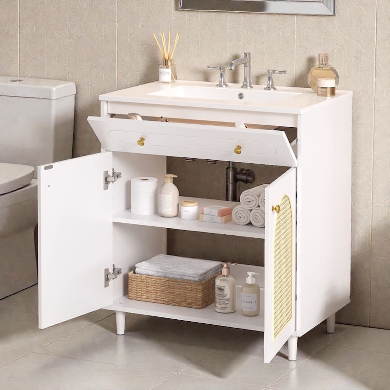 30 Inch Bathroom Vanity with Ceramic Sink, Solid Wood Frame Vanity Cabinet with Rattan Panels and Tip-Out Drawer