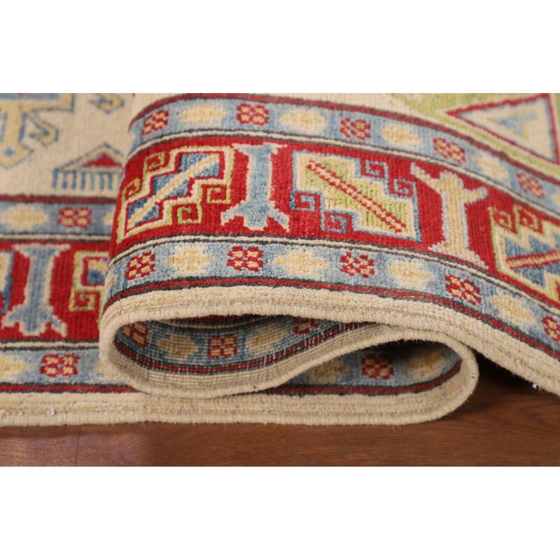 Geometric Kazak Oriental Area Rug Handmade Beige Wool Carpet - 3'11" x 6'0"