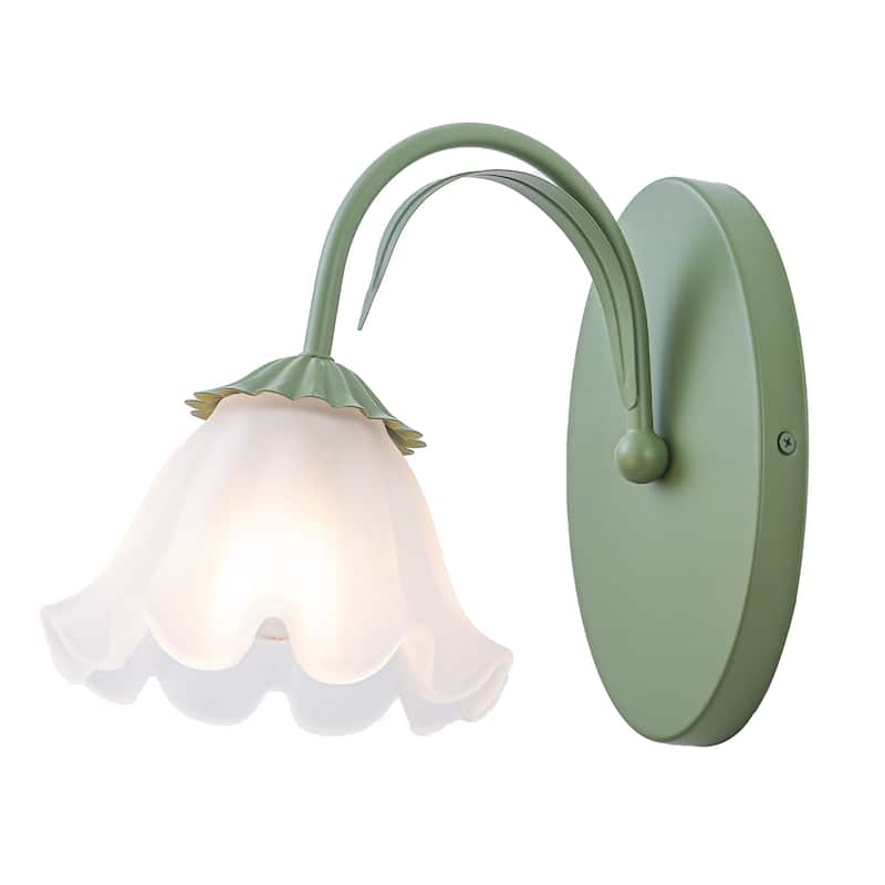 Green Metal Flower Frosted Glass Wall Sconce for Bathroom Vanity