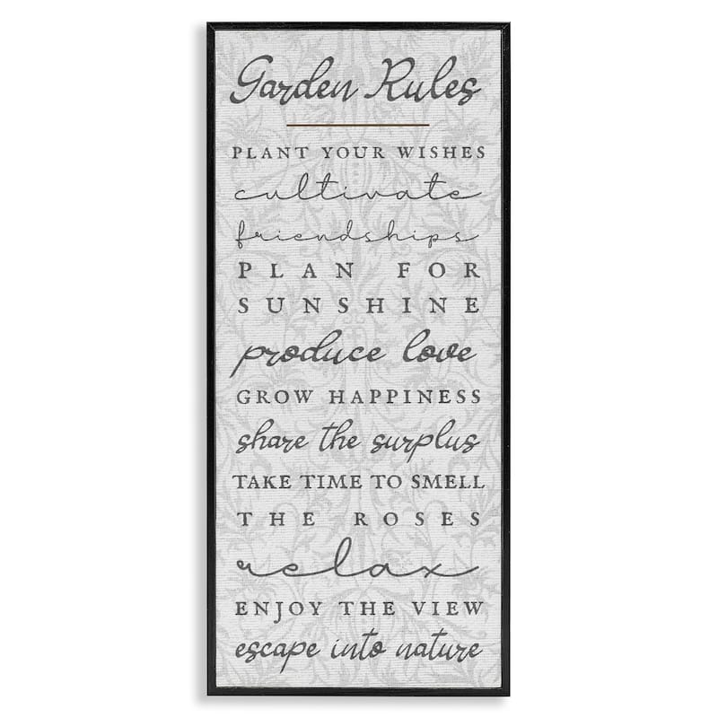 Stupell Garden Rules on Floral Pattern Framed Giclee Art Design By Lil' Rue - 13 x 30 - Black