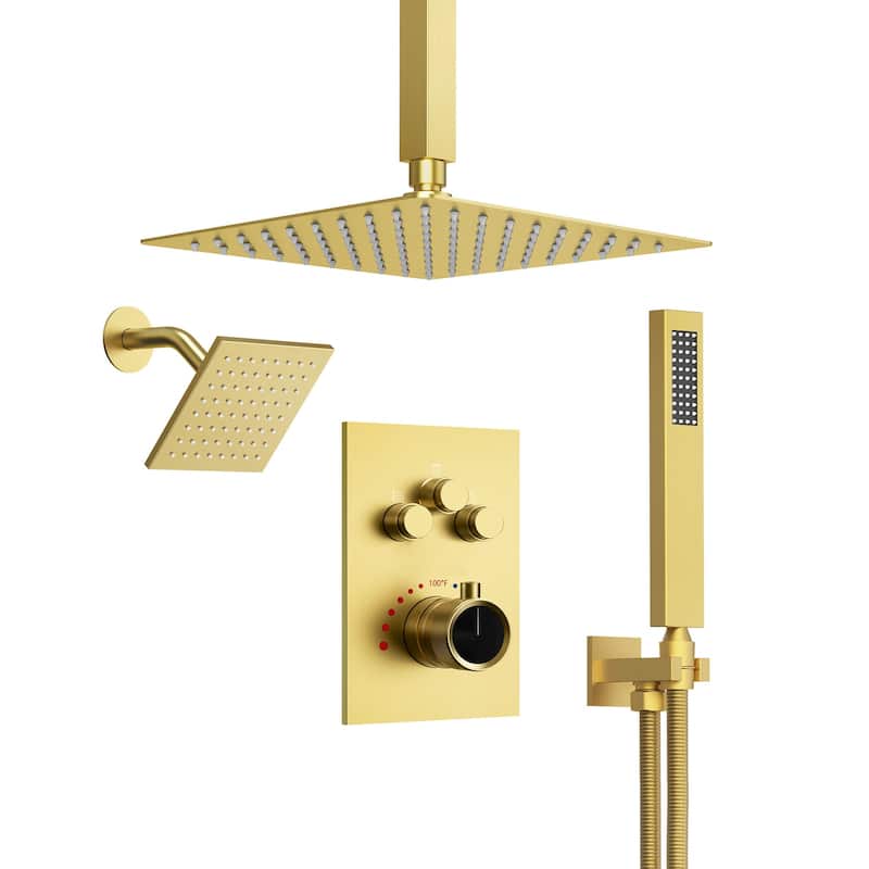 Thermostatic Shower Faucet, 12" High-Pressure Dual Showerheads System with Rough-In Valve