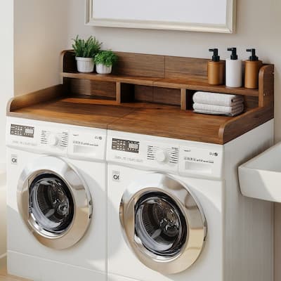 2-Tier Washer Dryer Countertop, 54" W x 27.5" D Laundry Countertop for Folding Clothes, Dual Storage & Edge Guard