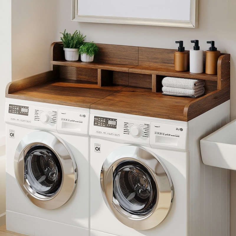 2-Tier Washer Dryer Countertop, 54" W x 27.5" D Laundry Countertop for Folding Clothes, Dual Storage & Edge Guard