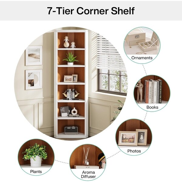 7 Tiers Corner Shelf, 70.87 Inches Tall Corner Bookshelf, Modern