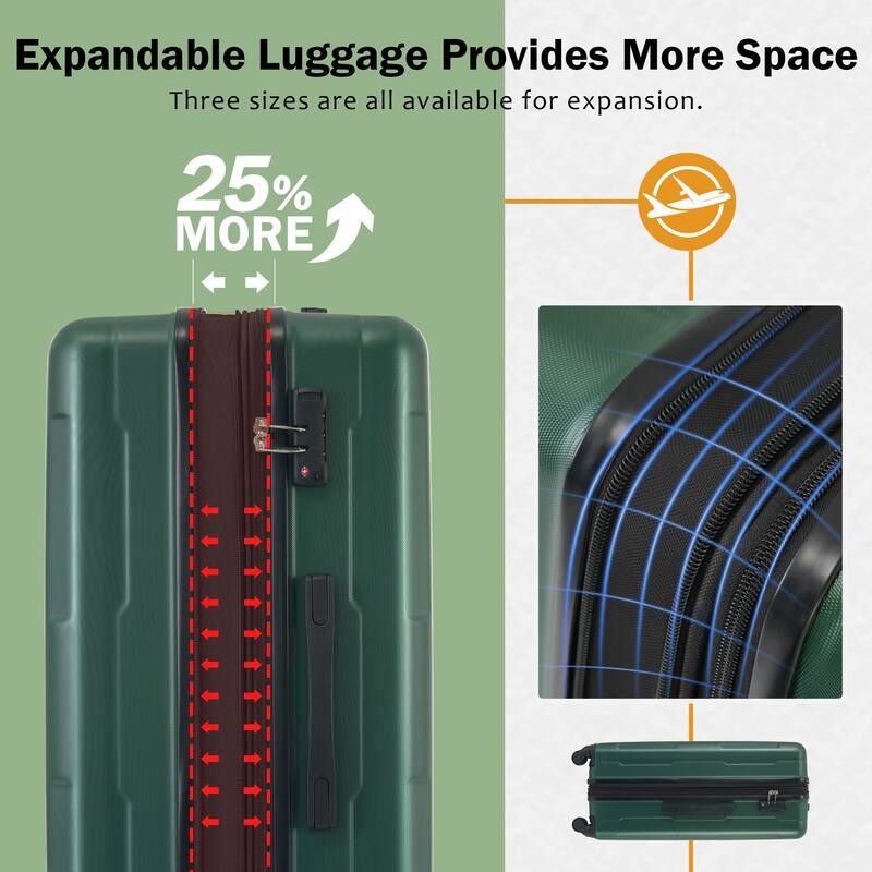 2-Piece, Modern Luggage Sets, Expandable Luggage with 360-Degree Swivel Wheels and TSA lock, for Boarding Travel, Green