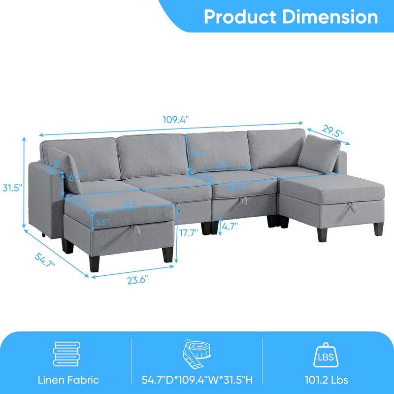 Mixoy Flexible Combination Reversible 4-Seater Modular Sofa with Ottomans,Linen Convertible Sleeper Sofa Bed with Storage Space