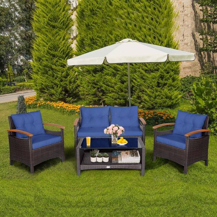 4 Pieces Patio Rattan Furniture Set with Cushioned Sofa and Storage Table - 46.5" x 23.5" x 30" (L x W x H)