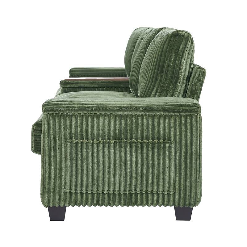 133" Corduroy 4-Seater Sofa with USB Ports, Flip-Top Cup Holders, and Hidden Storage