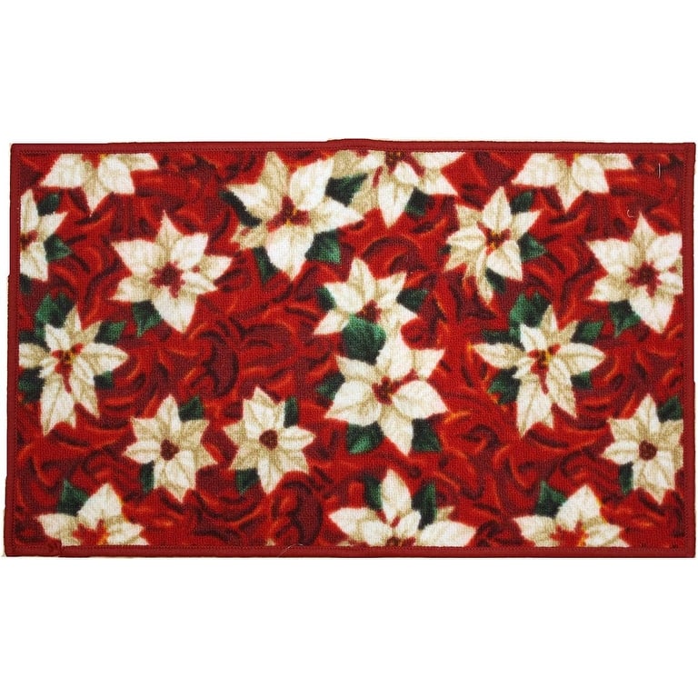 Christmas Design Kitchen Rug - Santa, Reindeer, Snowman, Poinsettia With Latex Backing - White Poinsettia - 18"x30" Rectangle