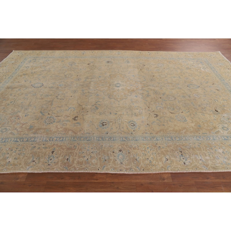 Hand Knotted Oriental 100% Wool Carpet Traditional Floral Beige & Ivories Kashan Area Rug - 10' 9'' X 7' 4''