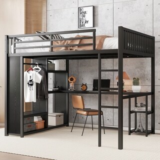 Full Size Metal Gaming Loft Bed with LED,Desk and 3 Storage Drawers