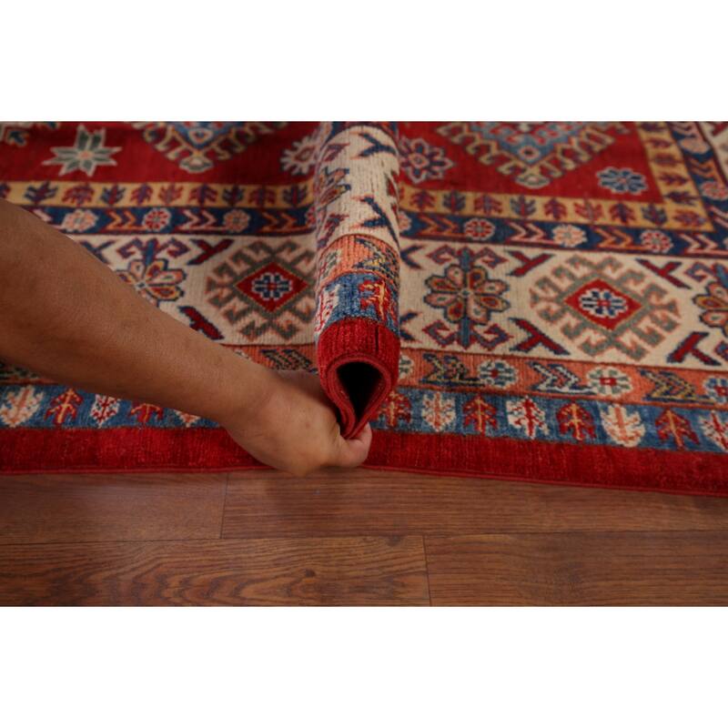 Hand Knotted Oriental 100% Wool Carpet Traditional Geometric Red Kazak Area Rug - 9' 6'' X 6' 7''