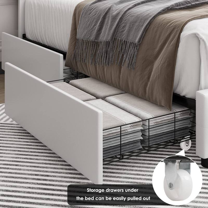 Modern Upholstered Bed Frame with 4 Drawers, Button Tufted Headboard Design, Solid Wooden Slat Support, Easy Assembly