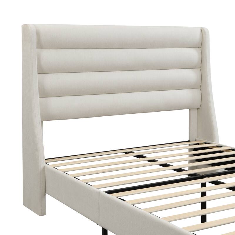 Chenille Upholstered Platform Bed Frame with Wingback Headboard