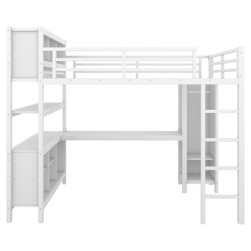 Full Size Metal Loft Bed with Wardrobe, L-shaped Desk, and Storage Shelves, White