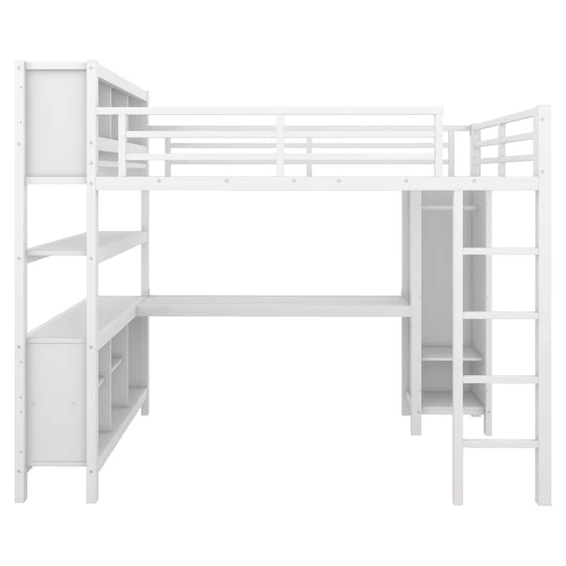 Heavy Duty Metal Loft Bed with Wardrobe and L Shaped Desk, Full/Queen Size High Loftbed Frame with Storage Cubes and Shelves